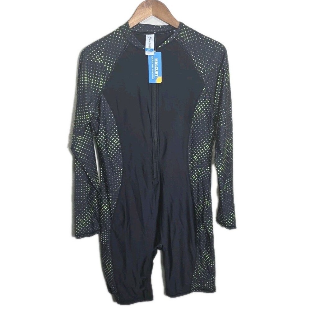 NWT 2XL Halcurt Women's Boyleg One Piece Rash Guard Built in Bra Zip 50 UPF
